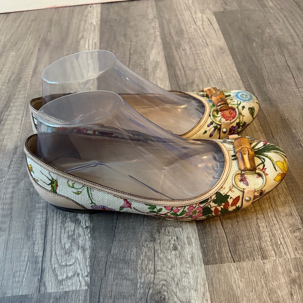 Gucci Multicolor Floral Print Leather and Canvas Bamboo Horsebit Ballet 7 1/2 B